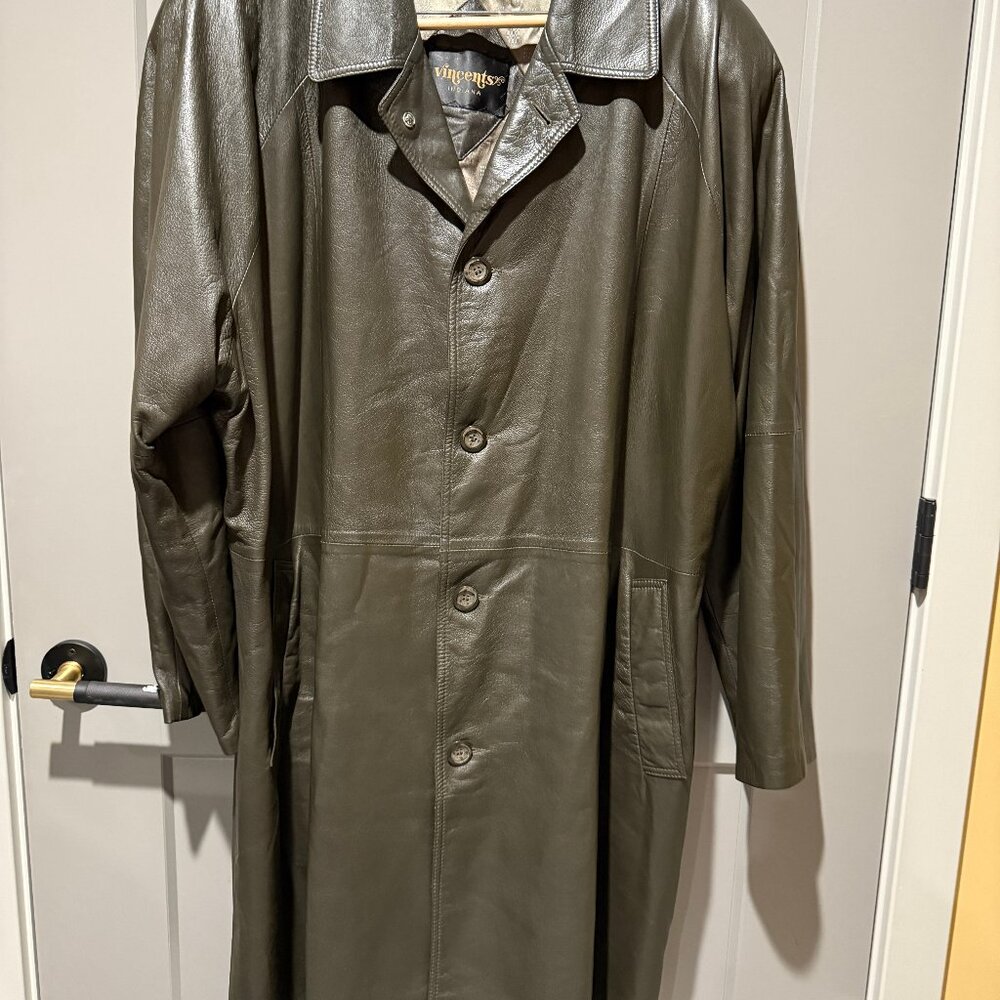 Men's Leather Trench Coat - Olive Green